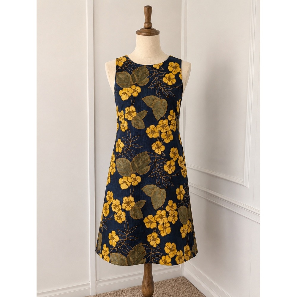 Tommy Bahama Silk Floral Shift Dress Size 12 | Navy & Mustard Tropical Resort - Picture 4 of 14